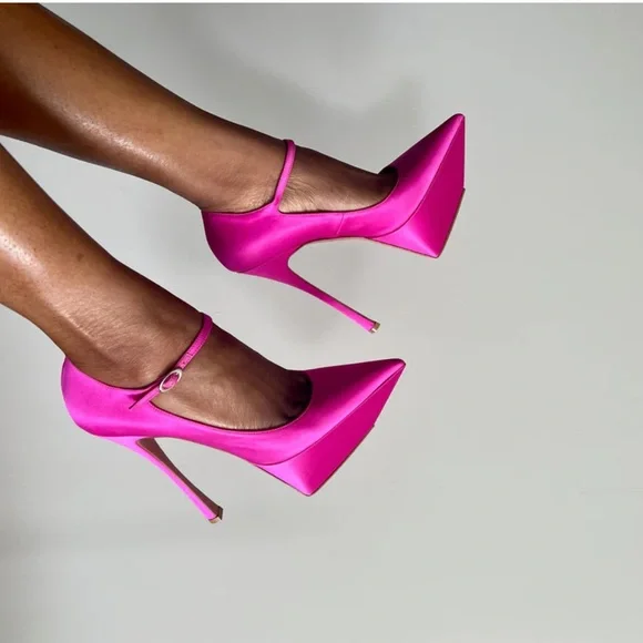 Amina Muaddi Pink Yigit Pointed Satin Platform Pumps in